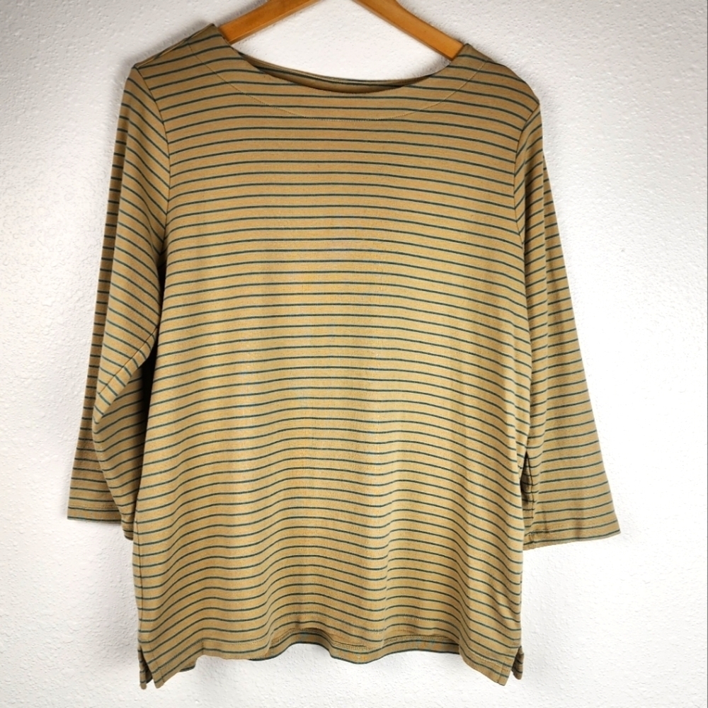 Coldwater Creek 3/4 Sleeve Yellow Striped 100% Egyptian Cotton Shirt Size XL